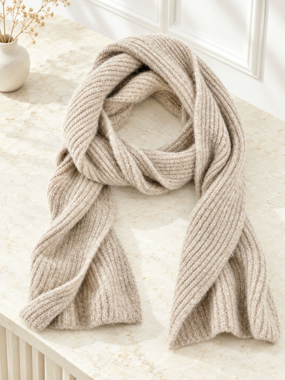 J. Crew Knit Scarf Textured Vertical Stitch Pattern Ribbed Light Brown Warm Cozy - Picture 2 of 7